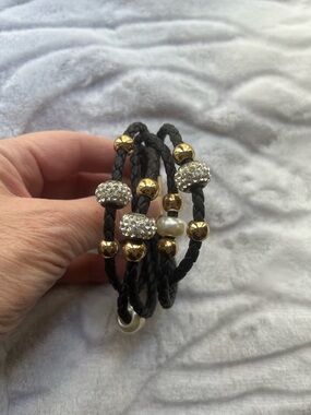 Black Braided Leather Multi-Strand Bracelet with Gold and Crystal Beads